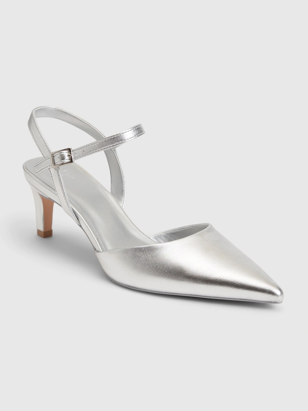 Silver Metallic Pointed Toe Ankle Strap Sling Kitten Heels - Fall / Holiday